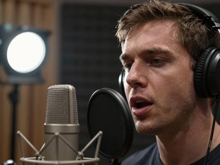 Close-up of an artist mid-vocal in a recording booth, microphone in foreground sharp, face lit by a single cool studio strobe from the left, acoustic foam panels visible behind, expression focused and intense