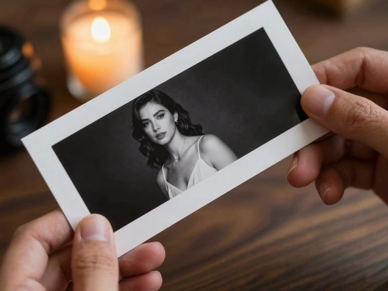 Close-up of elegant hands holding a high-contrast black and white printed photo strip, sharp details of premium paper texture, warm ambient candlelight in the soft-focus background