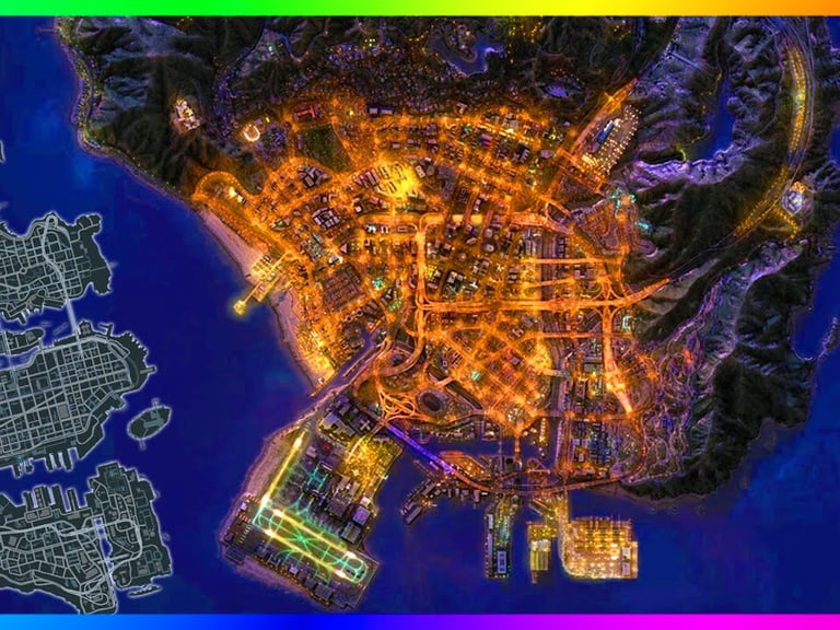 GTA 6 map comparison showing city lights at night versus the GTA 4 Liberty City layout.