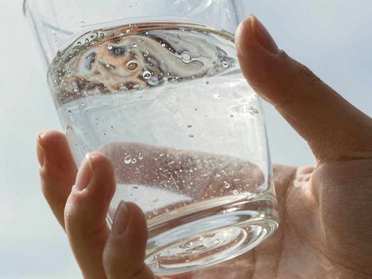 Extreme close-up under bright overexposed midday sun showing cloudy, textured liquid in a glass, held by hands with chipped nail polish.