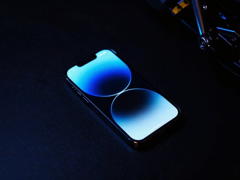 Flat lay of a sleek, dark iPhone 17 Pro with its screen glowing neon blue, on a dark, reflective surface, high-contrast studio lighting