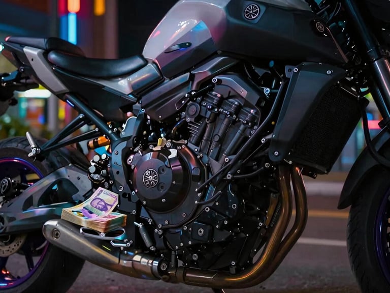 Low-angle heroic shot of the Yamaha MT-07's engine block, with a stack of Colombian pesos beside it, urban night background with neon reflections, dramatic lighting, sharp focus