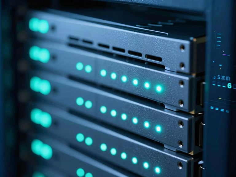 Macro close-up of server hardware with glowing teal LED indicators, cool blue diffused lighting, high-tech infrastructure, 35mm