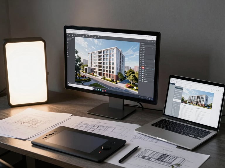 Wide overhead shot of a professional architecture studio workspace, a large monitor showing a photorealistic 3D building rendering on screen, beside it an open laptop displaying a property website layout, architectural drawings spread across a dark desk surface, a stylus resting near a drawing tablet, soft directional studio lighting from the left, clean and technical atmosphere, no people visible