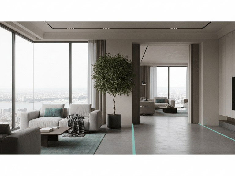 Modern minimalist living room with panoramic city views, sleek gray sofas, and a tall indoor tree.