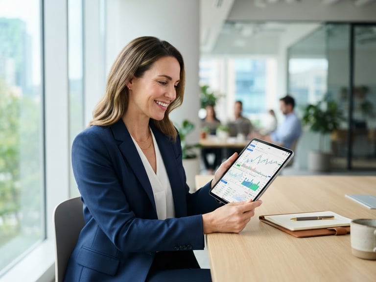 Professional woman in a bright, modern office looking confidently at a tablet with financial charts, soft natural light, shallow depth of field, green and blue tones.