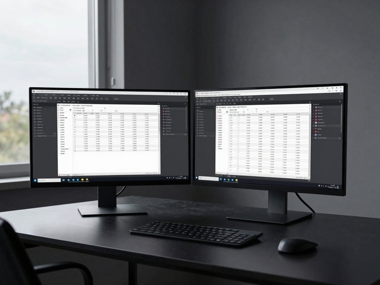 Wide environmental shot of a dark minimal desk setup with two monitors showing active workflow automation diagrams and scheduled post queues, cool overcast daylight from a side window, high contrast, no people