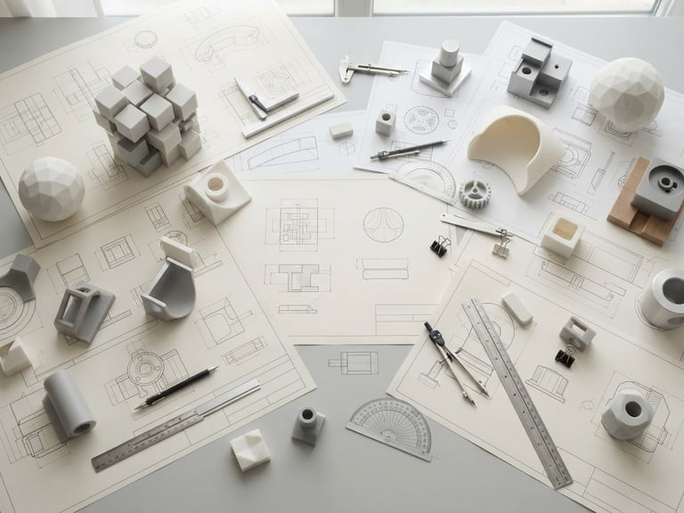 Overhead flat-lay of technical design blueprints and neutral geometric product prototypes on a clean light gray workspace, diffused natural studio light, soft shadows