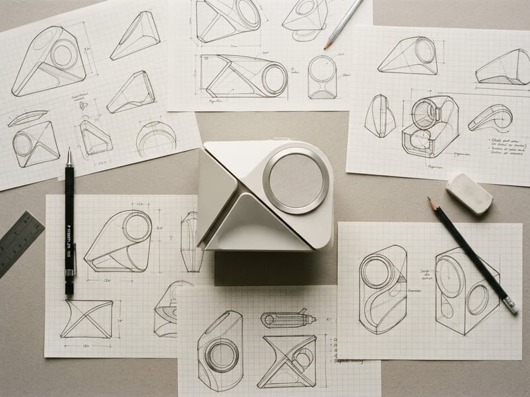 Overhead flat-lay of technical design sketches and a neutral geometric prototype on a warm gray workspace, diffused bright studio light, soft shadows, 35mm.