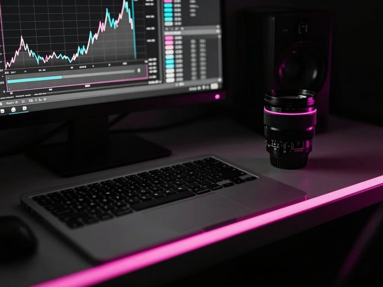 High-contrast black-and-white workspace detail with a sharp neon pink overlay showing performance graphs, dramatic low-key studio lighting