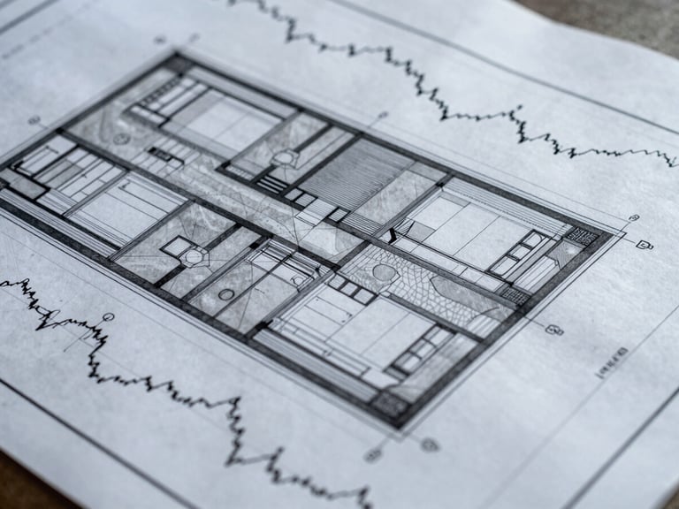 Close-up of a detailed architectural blueprint with overlayed financial graphs, cool overcast daylight, desaturated slate and concrete tones, sharp focus, 35mm lens