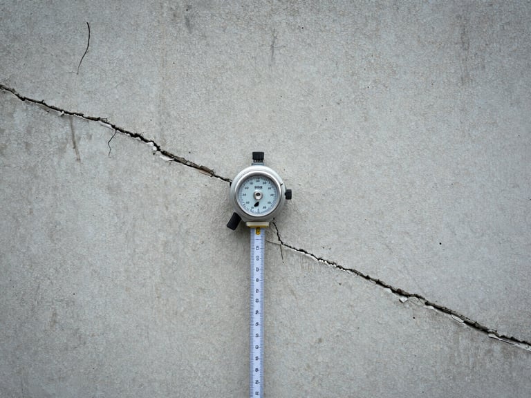 Extreme close-up of a crack in a concrete wall with measuring instruments, sharp focus, cool overcast daylight, desaturated slate and concrete tones, 35mm lens