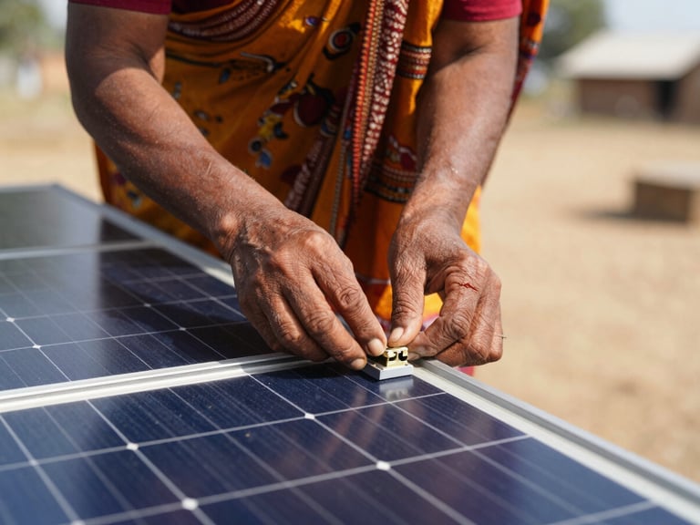 Close-up of a rural Indian woman's hands carefully assembling a solar panel terminal under warm natural light, authentic village setting.