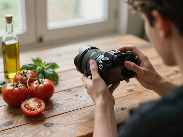 Over-the-shoulder view of a photographer adjusting a camera lens over a rustic wooden table with fresh tomatoes, basil, and olive oil, soft natural window light, rich earthy tones, shallow depth of field, 35mm film.