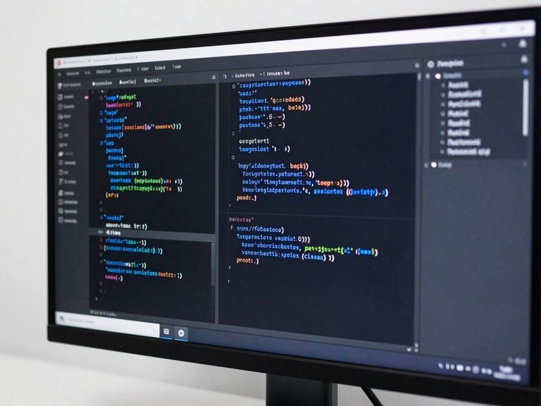Macro shot of a high-contrast dark mode code editor on a clean monitor, sharp electric blue syntax highlighting, cool studio light, 35mm lens