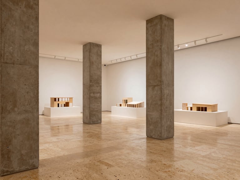 Architectural presentation gallery, warm travertine floors, raw concrete columns, physical architectural models under soft diffused daylight, minimal layout