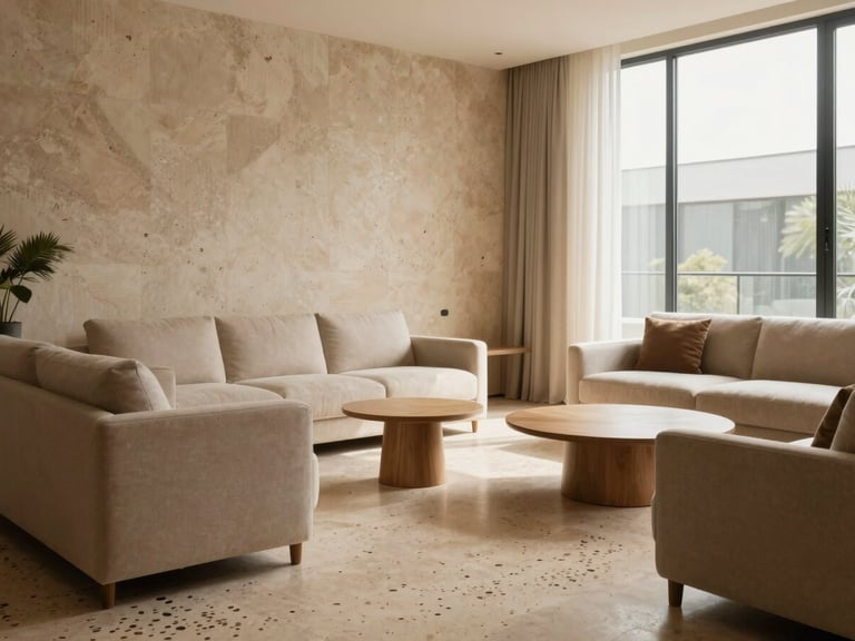 An empty, perfectly styled resident lounge with warm travertine walls, minimalist furniture, and large windows casting soft natural light across the terrazzo floor.