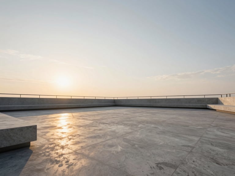 Wide panoramic architectural rendering of a concrete sky terrace at golden hour, low horizon, warm light reflecting on polished travertine tile, minimalist steel railings, empty structured seating.