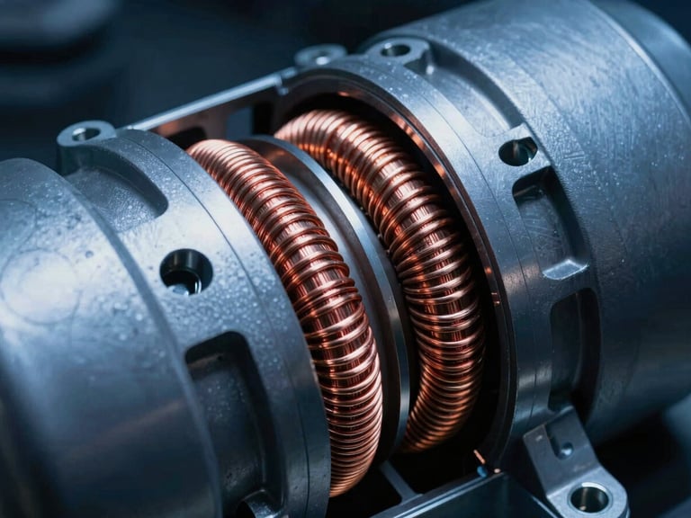 Close-up macro of double-shielded copper windings inside a stainless steel pump motor, high contrast side-lighting, technical blueprint style