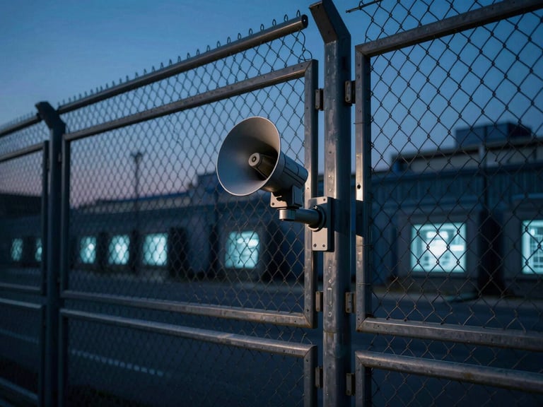 Cinematic shot of a high-security industrial perimeter fence at twilight, dramatic shadows, cool blue highlights, sharp focus on a mounted IP horn speaker