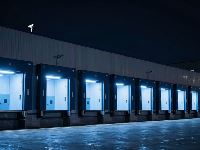 Wide cinematic shot of an industrial logistics loading dock at night, cool blue LED lighting, high contrast, sharp focus on security cameras