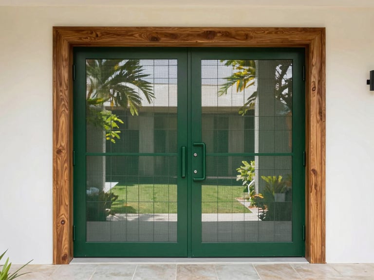 Architectural eye-level shot of a modern villa entrance, a premium deep forest green security mesh door cleanly integrated with a solid teak frame, bright natural daylight filtering through the mesh, warm editorial tone.