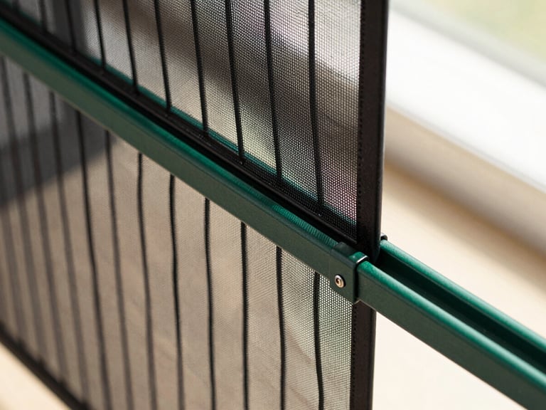 Macro detail shot of a black pleated mesh screen folding perfectly into a slim, custom powder-coated forest green aluminum track, bright natural daylight highlighting the precise engineering.