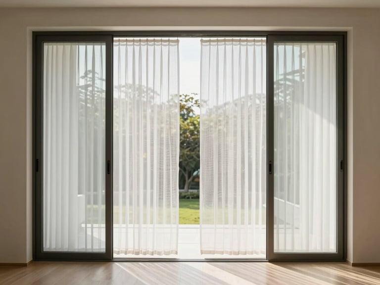 Interior view of a minimalist luxury living room, large glass doors open with Divyalux pleated mesh screen fully extended, soft daylight illuminating the fine, high-transparency weave.
