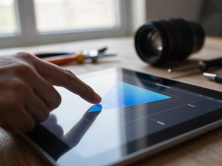 Close-up of a hand interacting with a wireframe on a tablet, showing a conversion funnel optimization, natural high-contrast window light, physical workshop tools in soft focus in background, 35mm lens.