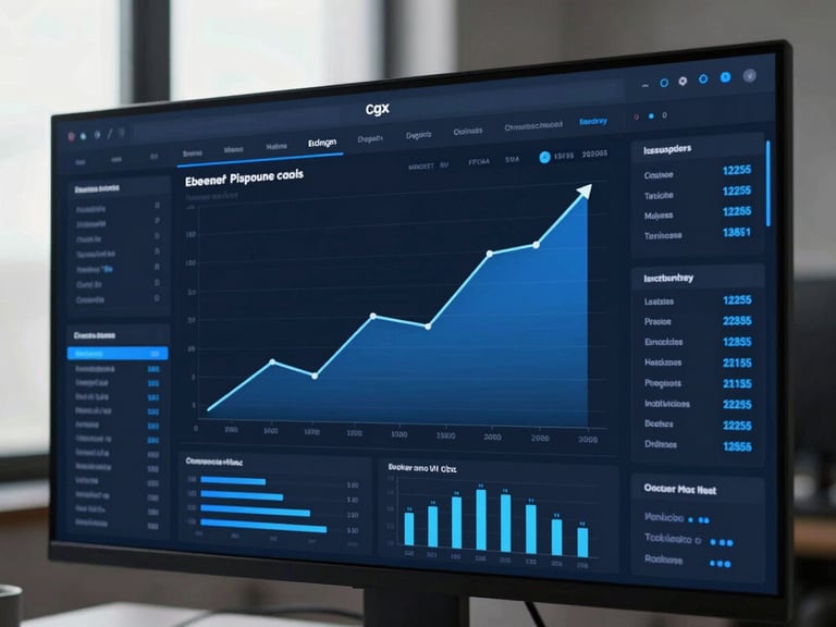 Wide shot of a data dashboard displaying a clear upward trend in revenue and customer acquisition metrics, cool-toned indoor studio lighting, sharp focus on the screen, deep charcoal and electric blue tones.