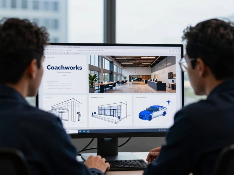 Candid shot of two team members collaborating on a large monitor displaying brand strategy mockups, architectural details of the Coachworks space in the background, cool-toned indoor studio lighting, high-contrast.