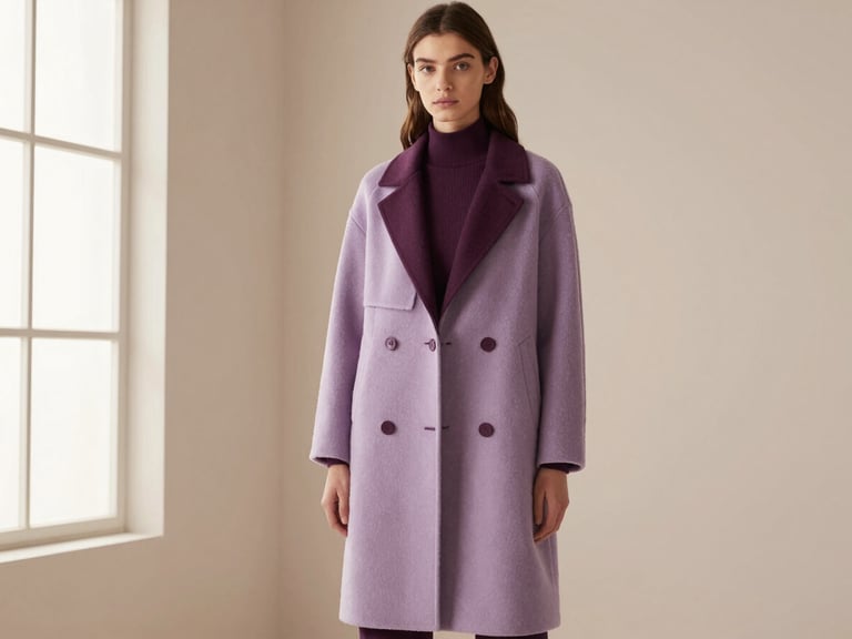 High-fashion model posing in a minimalist studio setting, wearing an autumn couture coat, deep plum accents