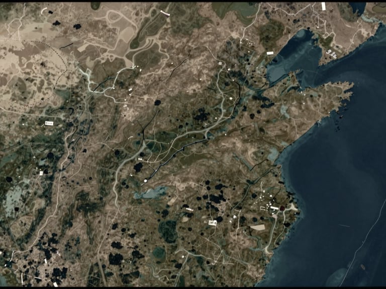 Satellite imagery showing historical deforestation patterns in the Amazon basin over several decades, desaturated and with a scholarly, analytical overlay, low-contrast overcast daylight, matte texture, 35mm.