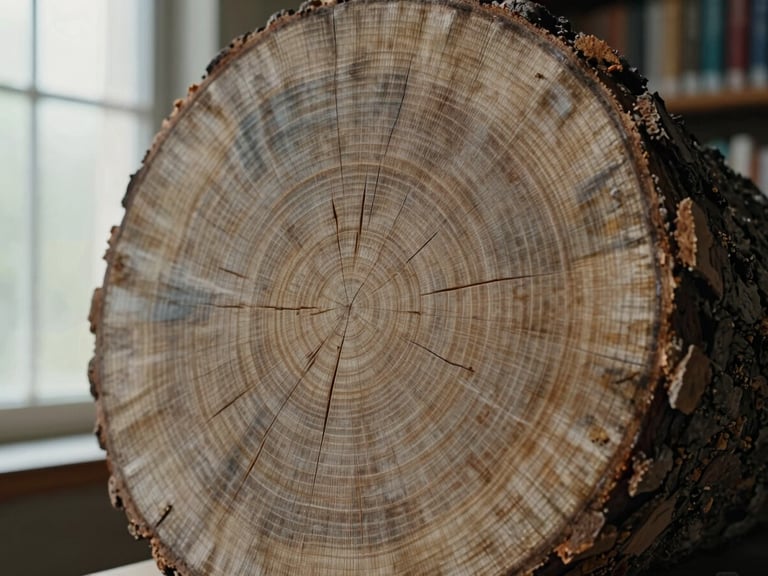 Close-up of a cross-section of an ancient tree trunk showing growth rings and evidence of past environmental stress, natural library window light, matte texture, scholarly documentary photography, 35mm.
