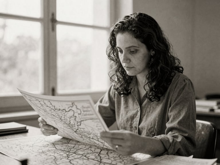 Archival grayscale portrait of a focused Brazilian academic, Dra. Sofia Mendes, reviewing historical maps, soft natural window light, matte texture, historical archival feel, 35mm.