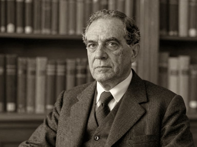 Archival sepia-toned portrait of a distinguished Brazilian academic, Dr. Carlos Almeida, in a scholarly setting, soft natural library light, matte texture, historical archival feel, 35mm.