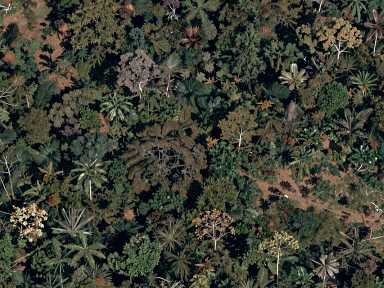 Satellite imagery showing deforestation patterns over decades in the Amazon rainforest, desaturated, low contrast, scholarly documentary photography, 35mm.