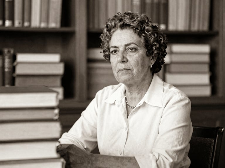 Archival sepia-toned portrait of a contemplative Brazilian academic, Prof. Ana Lúcia Costa, surrounded by research documents, soft natural library light, matte texture, historical archival feel, 35mm.
