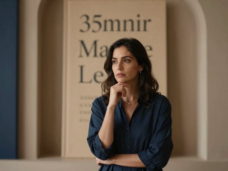 Professional portrait of a female astrologer in thoughtful pose, warm interior lighting, soft shadows, 35mm, elegant serif typography on a book in the background