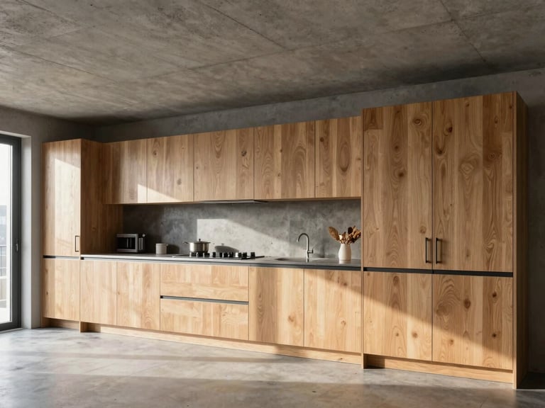 Wide-angle architectural photograph of a modern kitchen fit-out, featuring seamless oak cabinetry meeting a raw concrete ceiling, natural morning light.
