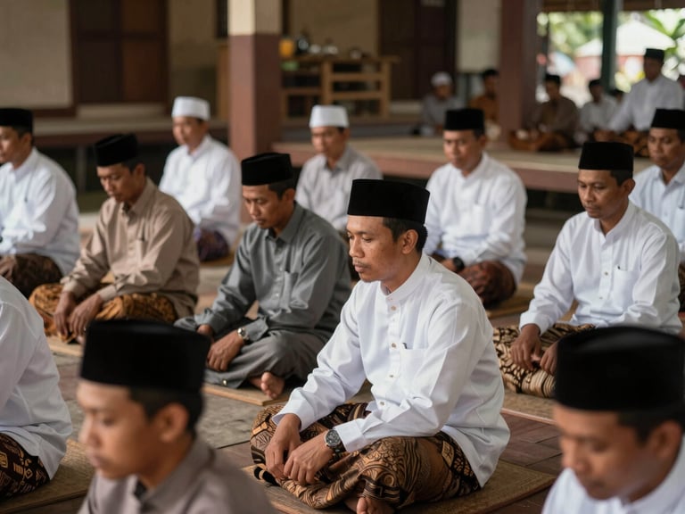 Pertemuan warga Nahdliyin di pendopo kayu tradisional Bawang Banjarnegara, para Kyai mengenakan sarung dan peci hitam duduk bersila dalam suasana hangat