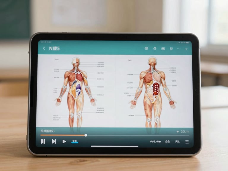 A tablet displaying an online nursing video lecture, showing clear anatomical diagrams and a video playback bar, warm lighting.