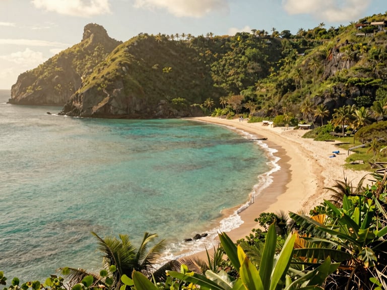 A view of Baía do Sancho beach in Fernando de Noronha, Brazil, from above, with turquoise waters and lush green cliffs, bright sunny day.