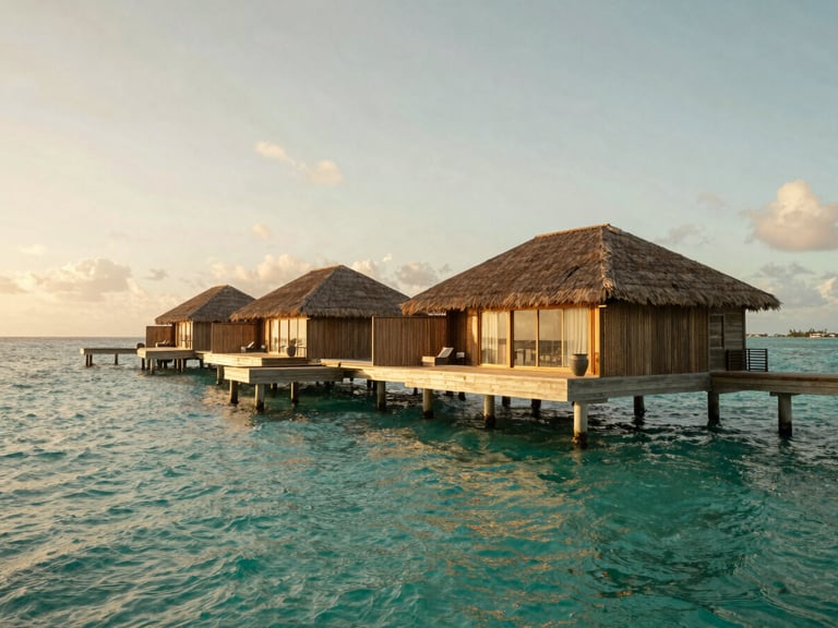 Luxury resort in the Caribbean, overwater bungalow, turquoise water, golden hour, wide shot, 35mm