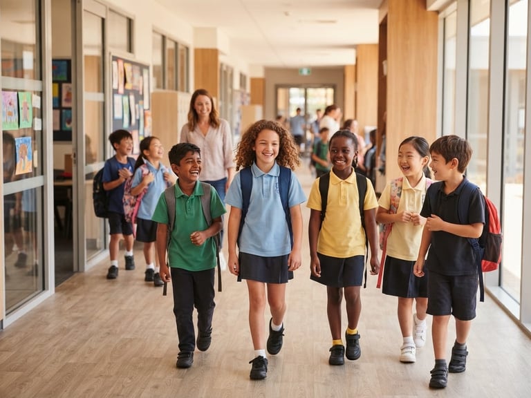 Bright, natural daylight shot of a diverse group of primary school students smiling and walking together in a modern school hallway, a teacher gently guiding them in the background, warm inviting tones, shallow depth of field.