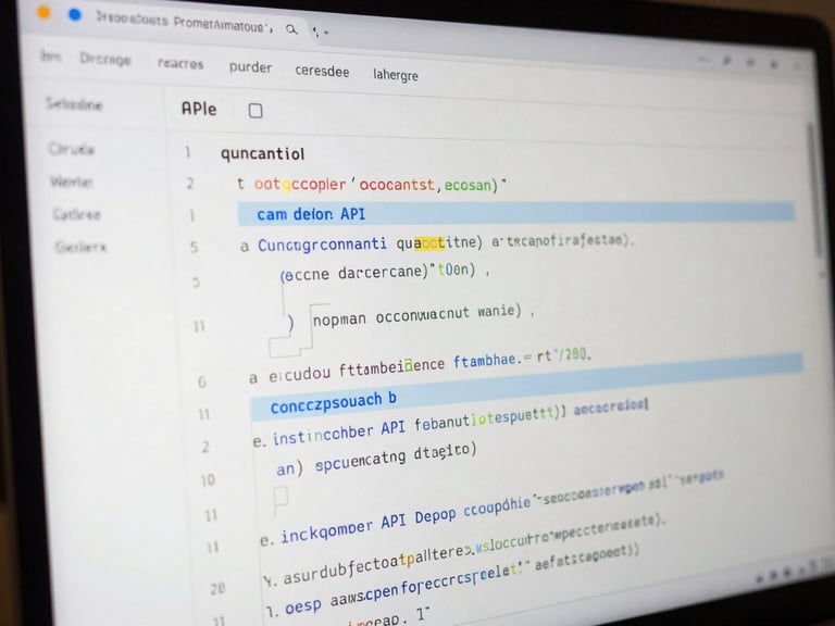 Close-up of a clean software API documentation page on a screen, structured code blocks with monospace font, electric blue accents, minimalist layout.