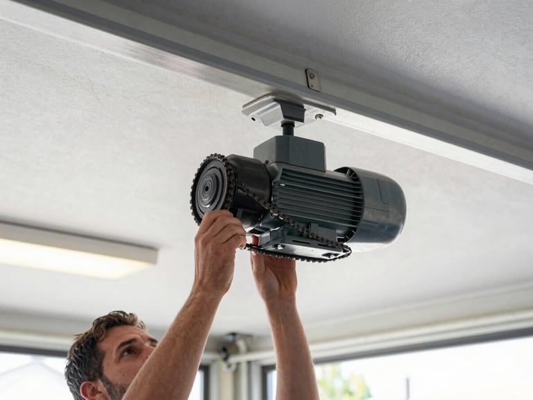 An automatic garage door opener motor unit mounted on the ceiling, with a technician inspecting the drive chain or belt, clean garage lighting, utilitarian focus.