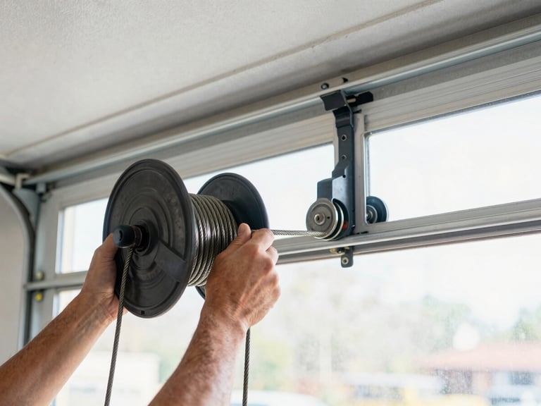 Tight shot of a technician replacing a garage door cable, showing the steel cable wrapped around the drum and a new roller being installed in the track, bright garage interior light, sharp focus.