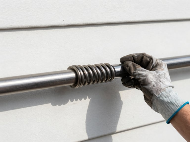 Close-up of a new heavy-duty torsion spring on a garage door shaft, clearly showing the winding cones and a technician's gloved hand making final adjustments, crisp daylight, high-contrast.