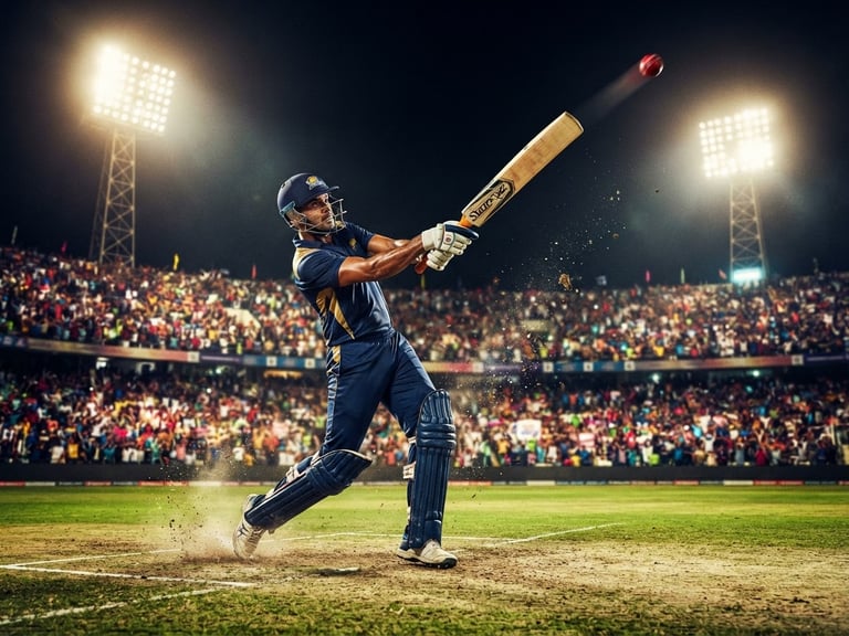 Dynamic action shot of a cricket player hitting a six under stadium floodlights, wide angle, low perspective, rich saturated colors, telephoto lens